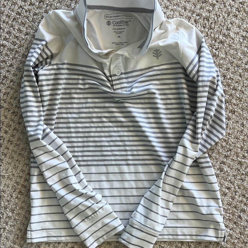 Coolibar Kids Gray Striped long sleeve Polo Shirt size M, 50+ UV protection